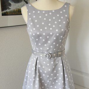 White House Black Market Silver White Dot A-Line Dress with Belt